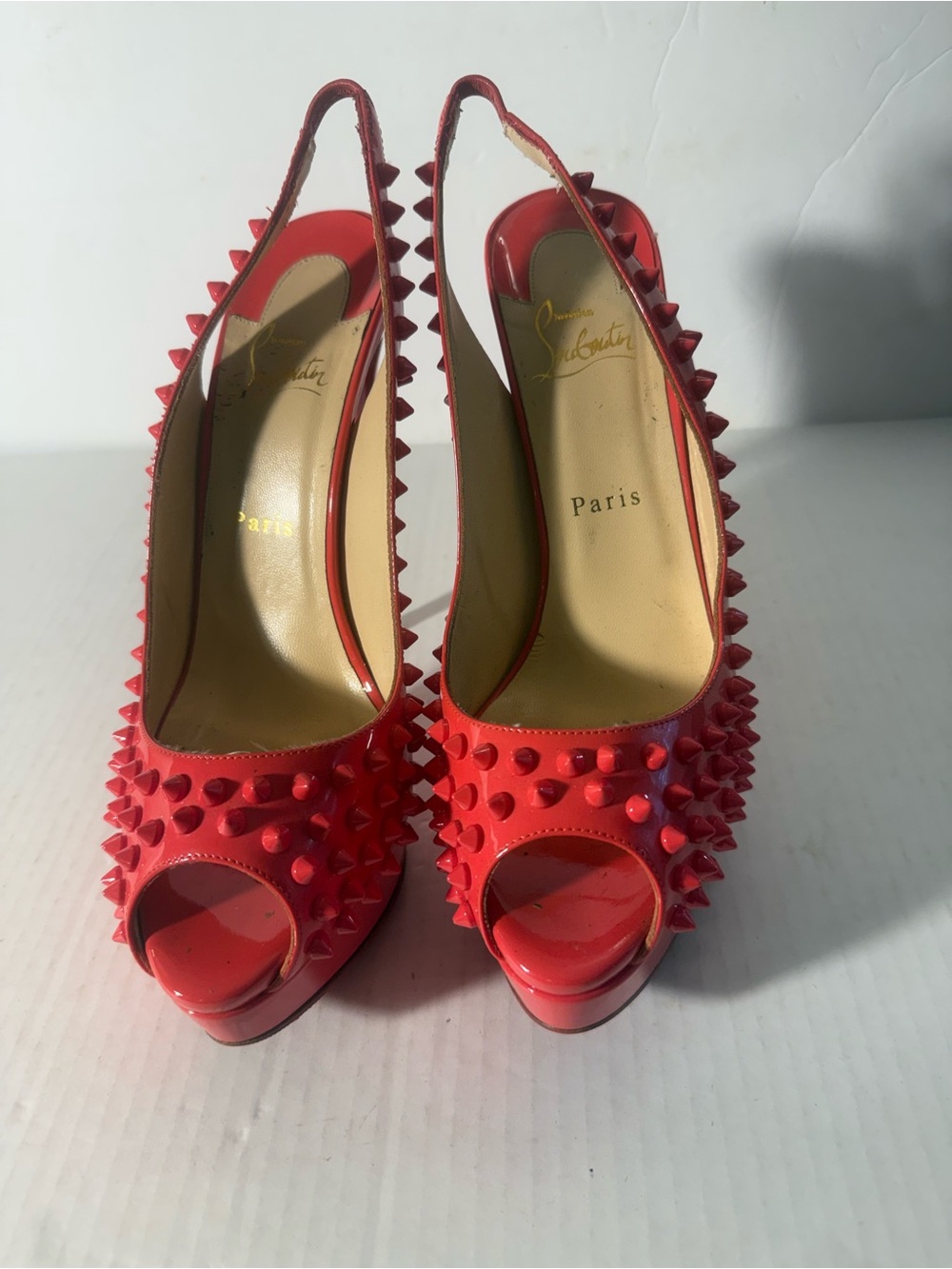 Christian Louboutin Red Spiked Peep-Toe Slingback Pumps Size 40.5
